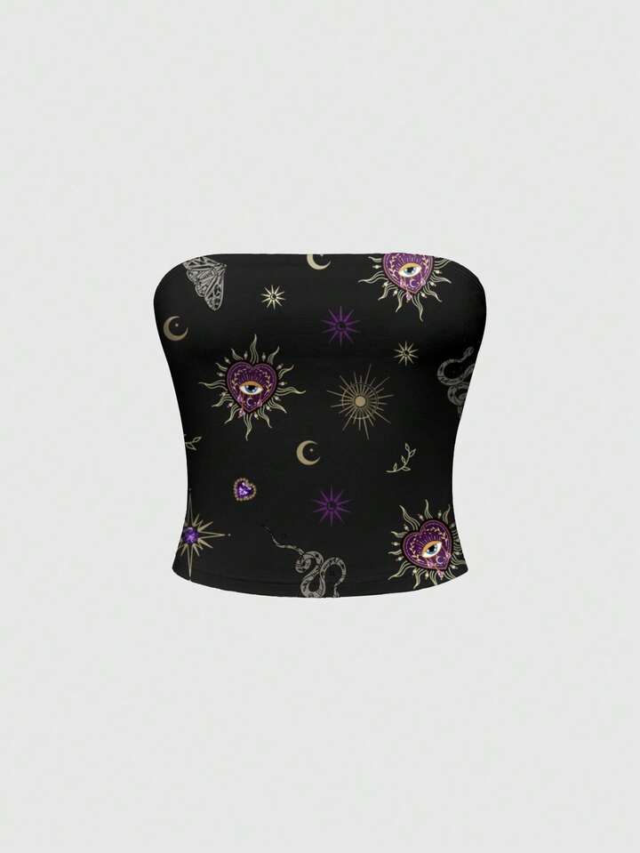 Gothic Dark Mysterious Sun, Moon, Star, Snake, Moth, Spider Web Print Crop Top For Women