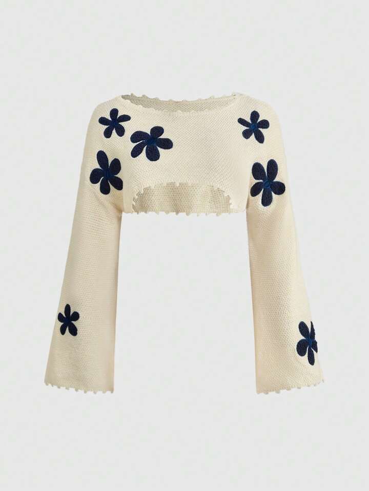 Fairycore Plus Size Floral Loose Cropped Pullover Sweater, Spring