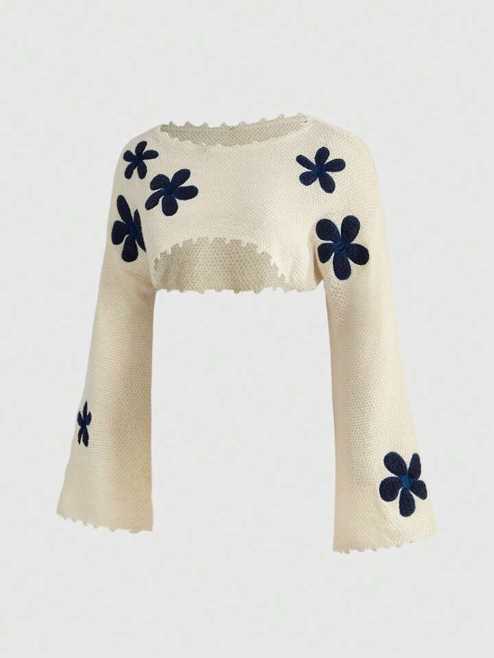 Fairycore Plus Size Floral Loose Cropped Pullover Sweater, Spring