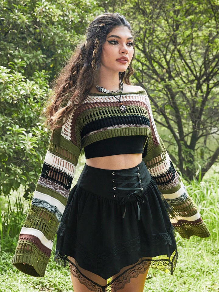 Fairycore Summer Crochet Striped Pattern Drop Shoulder Crop Sweater, School,Long Sleeve Tops
