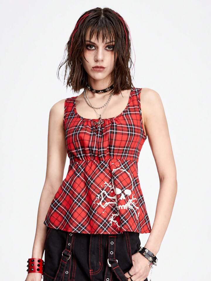 Grunge Punk Sexy & Sweet Skull Printed Slim Fit Tank Top With Square Neckline And Pleated Plaid Pattern For Women