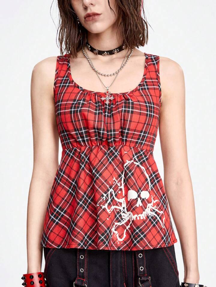 Grunge Punk Sexy & Sweet Skull Printed Slim Fit Tank Top With Square Neckline And Pleated Plaid Pattern For Women 2 Grunge Punk Sexy & Sweet Skull Printed Slim Fit Tank Top With Square Neckline And Pleated Plaid Pattern For Women
