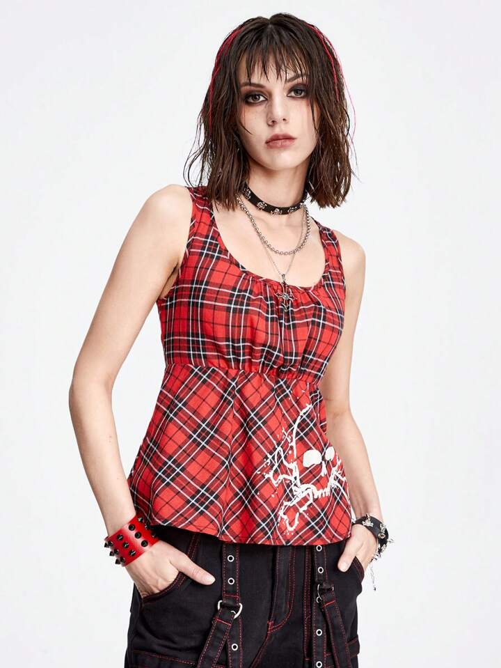 Grunge Punk Sexy & Sweet Skull Printed Slim Fit Tank Top With Square Neckline And Pleated Plaid Pattern For Women 3 Grunge Punk Sexy & Sweet Skull Printed Slim Fit Tank Top With Square Neckline And Pleated Plaid Pattern For Women
