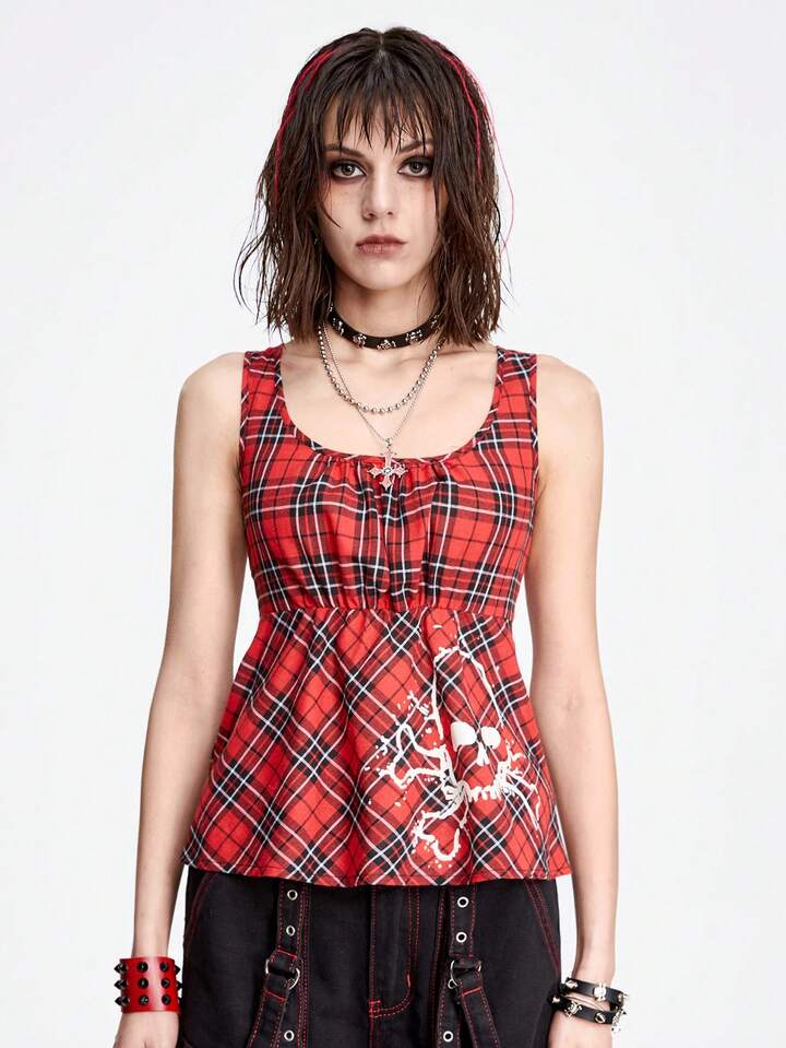 Grunge Punk Sexy & Sweet Skull Printed Slim Fit Tank Top With Square Neckline And Pleated Plaid Pattern For Women 4 Grunge Punk Sexy & Sweet Skull Printed Slim Fit Tank Top With Square Neckline And Pleated Plaid Pattern For Women