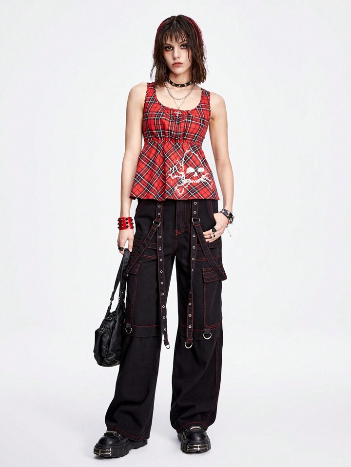 Grunge Punk Sexy & Sweet Skull Printed Slim Fit Tank Top With Square Neckline And Pleated Plaid Pattern For Women 5 Grunge Punk Sexy & Sweet Skull Printed Slim Fit Tank Top With Square Neckline And Pleated Plaid Pattern For Women