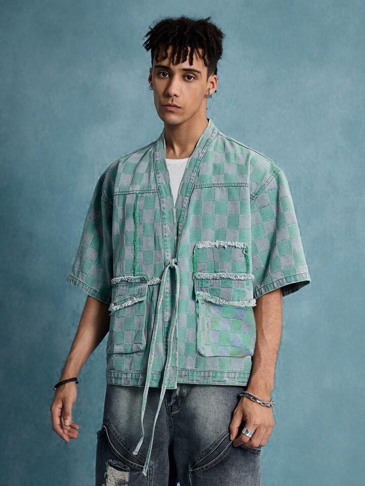 Anime Men's Street Life Checkerboard Print Knotted Pocket Casual Short Sleeve Denim Shirt
