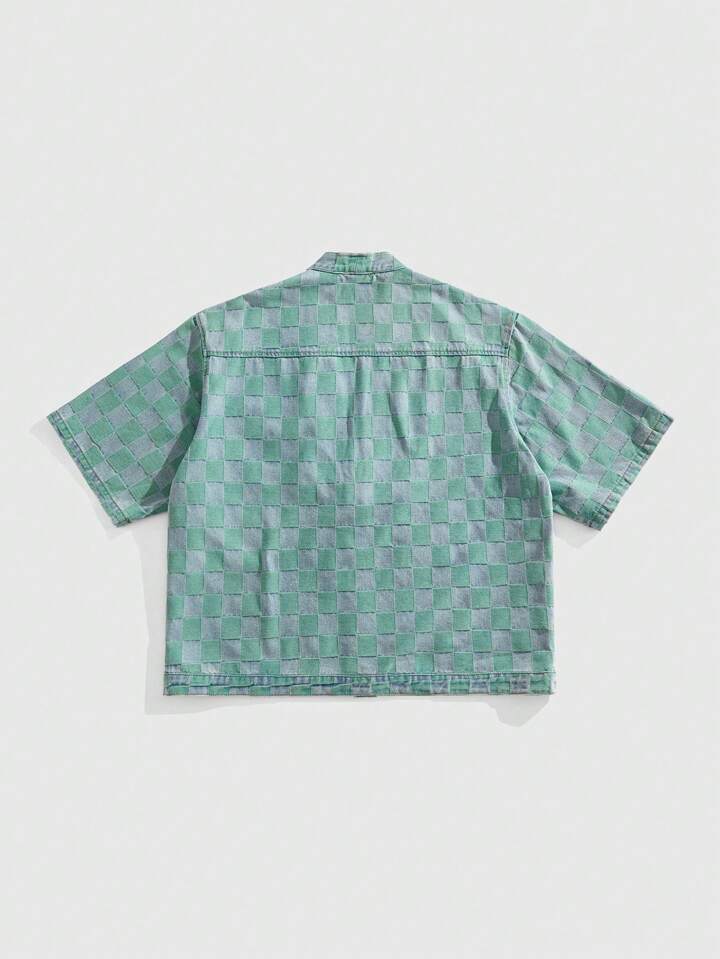 Anime Men's Street Life Checkerboard Print Knotted Pocket Casual Short Sleeve Denim Shirt