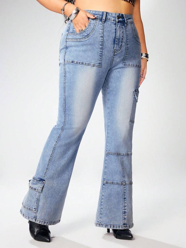 Plus Size Casual Washed Flare Leg Cargo Jeans,Summer Outfits For Women