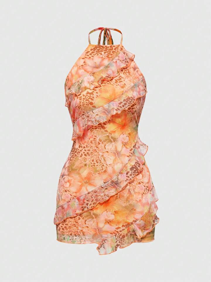 ROMWE Avant Y2K Retro Holiday Beach Chic Leopard & Floral Print Dress For Women