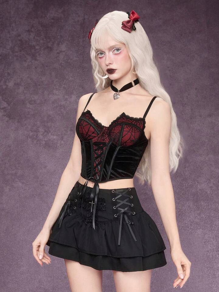 Goth Spider Web Lace Patchwork Asymmetrical Neckline Design Women Crop Top