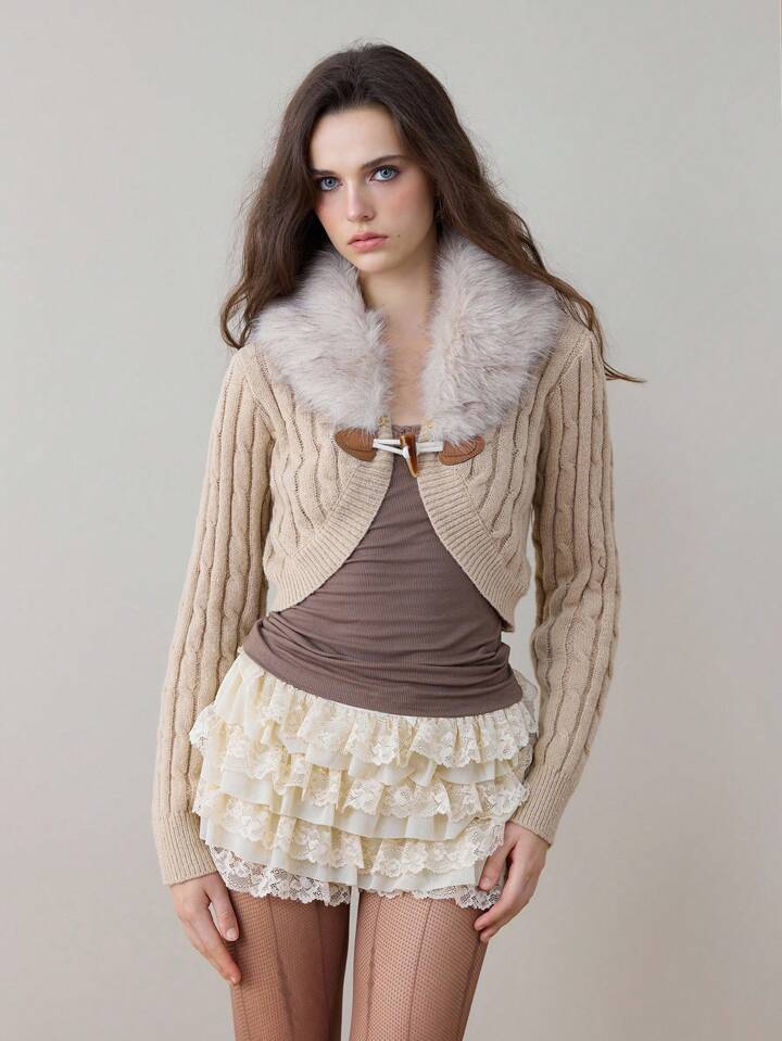 Fairycore Y2K Style Furry Collar Patchwork Inverted Triangle Hem Cropped Cardigan For Women
