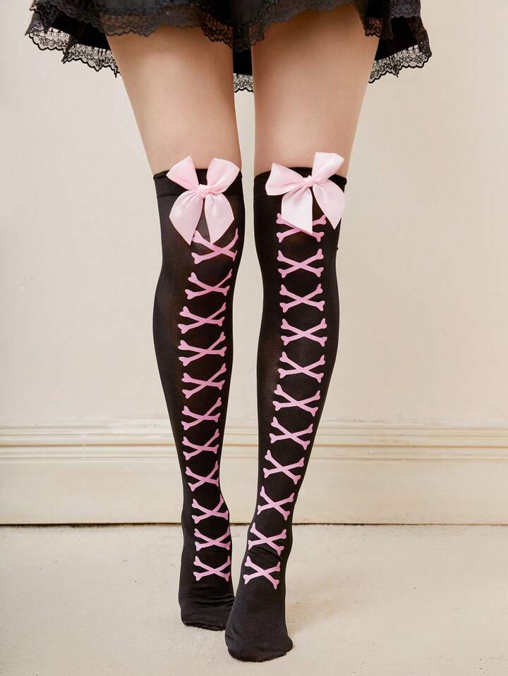 J-Fashion 1pair Women Bone Print Bow Decor Over The Knee Socks