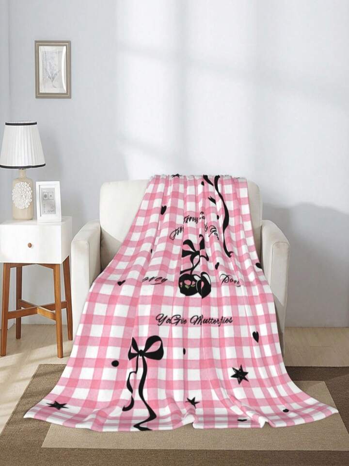 Kawaii 1pc One Flannel Printed Throw Blanket, Featuring A Bow - Print Pattern. It Is Soft And Comfortable, Suitable For Use As A Bedspread, Sofa Cover, Outdoor Throw Blanket, Bedroom Blanket, Office Blanket, Student Blanket, Etc. It Also Makes A Great Holiday Gift.