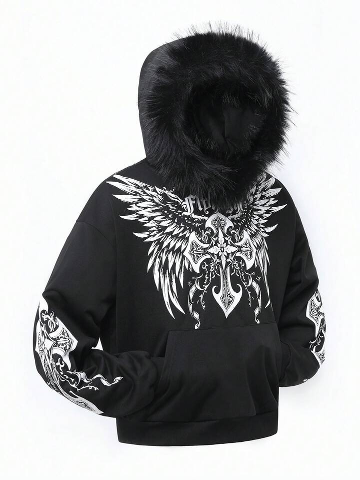 Goth Men's Autumn/Winter Cross Wing & Letter Print Long Sleeve Hooded Casual Sweatshirt