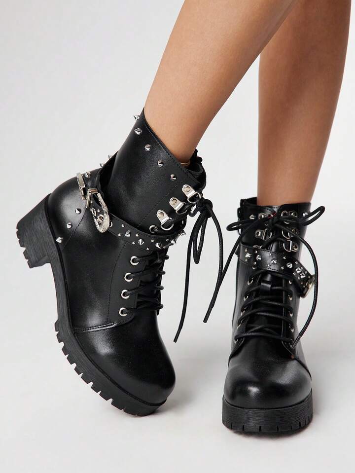 Black Thick-Sole Round Toe Slip-On Comfortable Versatile Fashion Ankle Boots For Women For Christmas