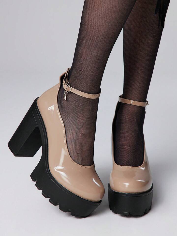 Women's Closed Toe Punk Goth Mary Jane Shoes, Thick Strap Buckle, Platform, JK Uniform, Waterproof, Work Heels