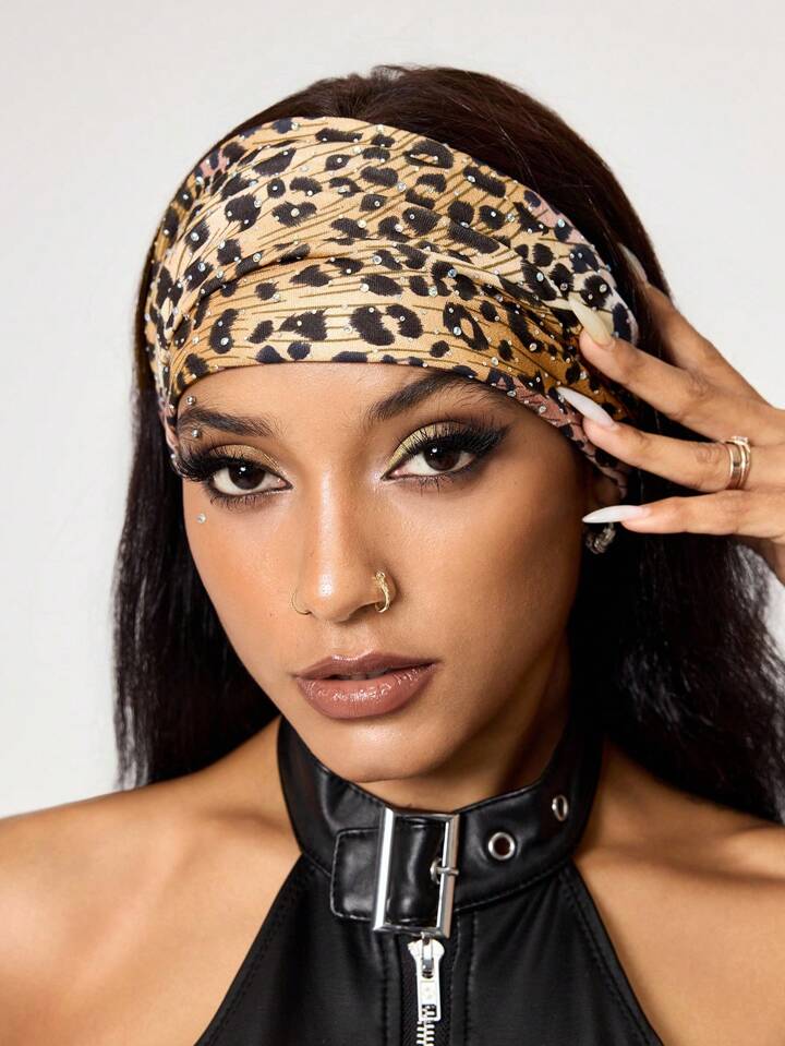 Grunge Punk 1pc Fashion Double Laser Holographic Rhinestone Wide Headband, Flexible Leopard Print Idol Style Headwrap, Versatile Daily Hairband