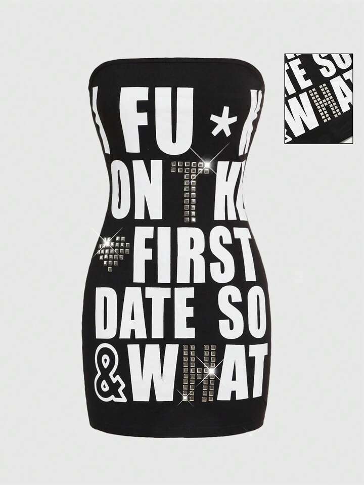Grunge Punk Y2K Sexy Baddie Distressed Letter Print Rivet Decor Women Mini Dress
