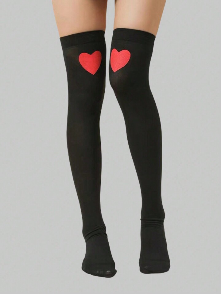 Goth 1 Pair Women's Love Red Heart Pattern Over-The-Knee Black Stockings, Suitable For All Seasons Valentine's Day