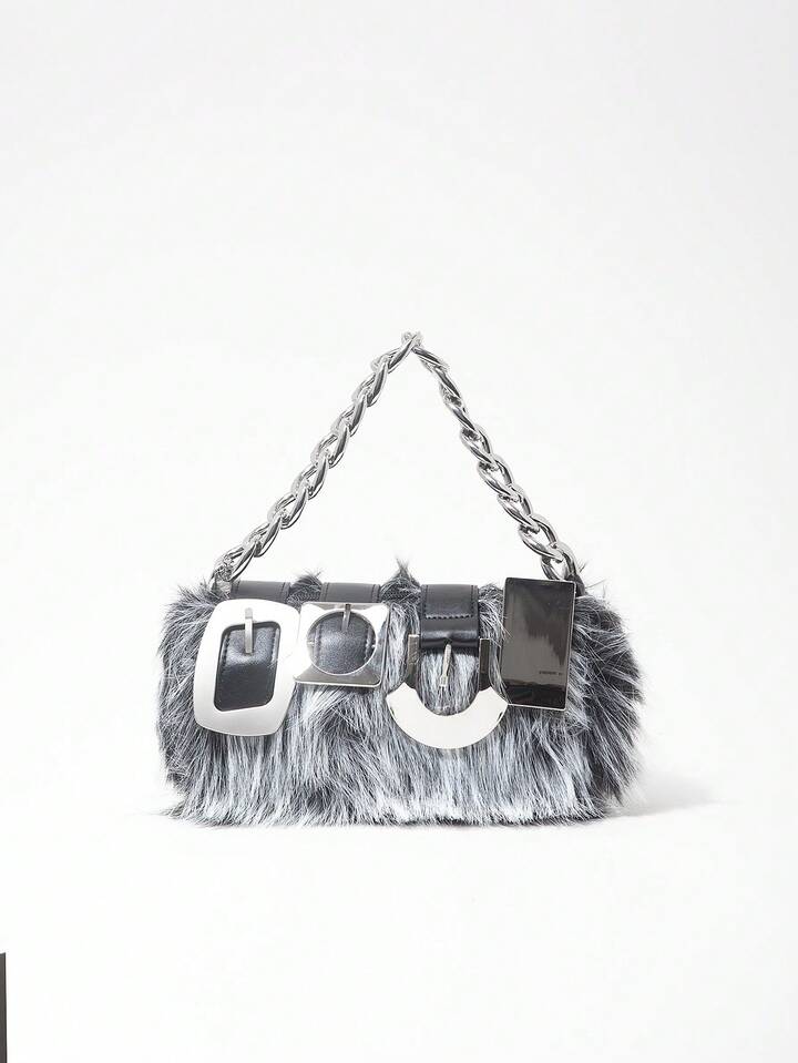 Grunge Punk 2000s Style Women  Handbags,Punk Rivet Biker Bags,Metal Chain Bag,Fur Purse ,Autumn & Winter Wallets(Random Pattern)