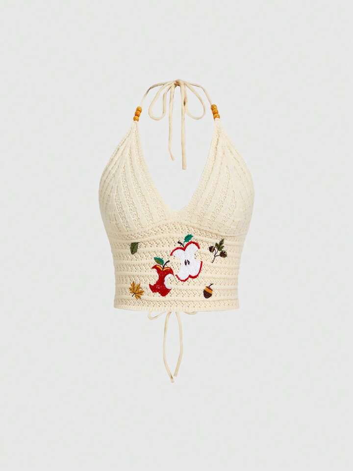 ROMWE Avant Island Vacation Casual Daily Sweet Cute Girl Apple Embroidery Women Knit Top
