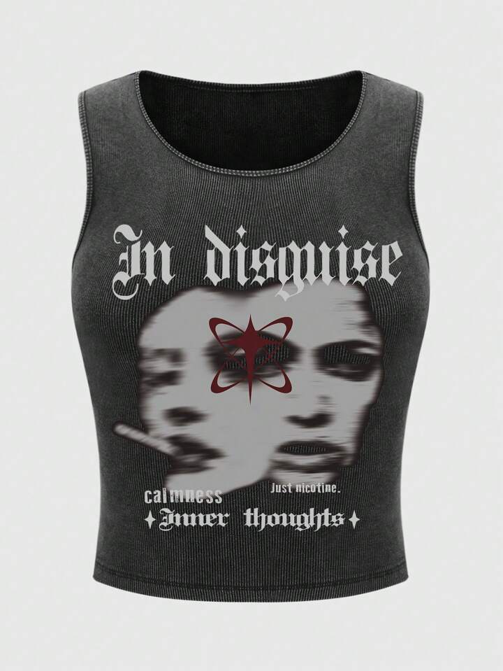 Street Fashion Gloomy Face Slogan Print Distressed Skinny Tank Top