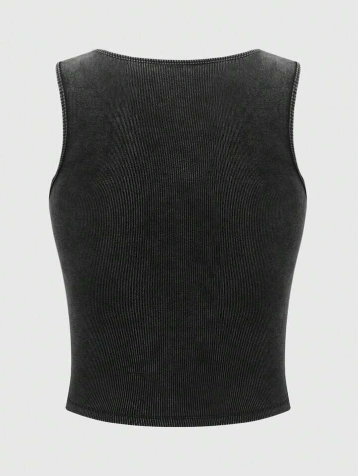 Street Fashion Gloomy Face Slogan Print Distressed Skinny Tank Top