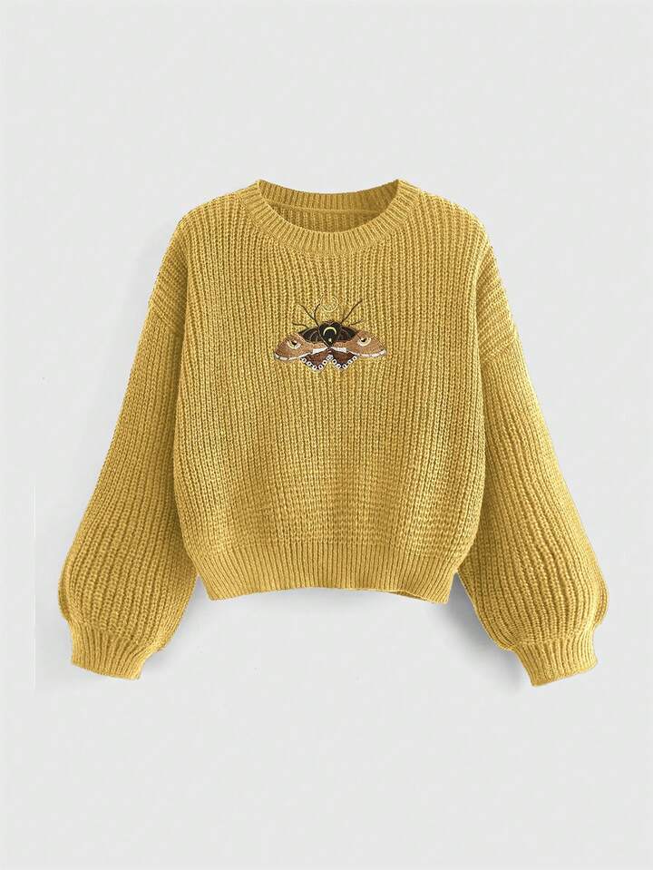 Hippie Women's Animal Embroidery Crew Neck Casual Versatile Long Sleeve Pullover Sweater