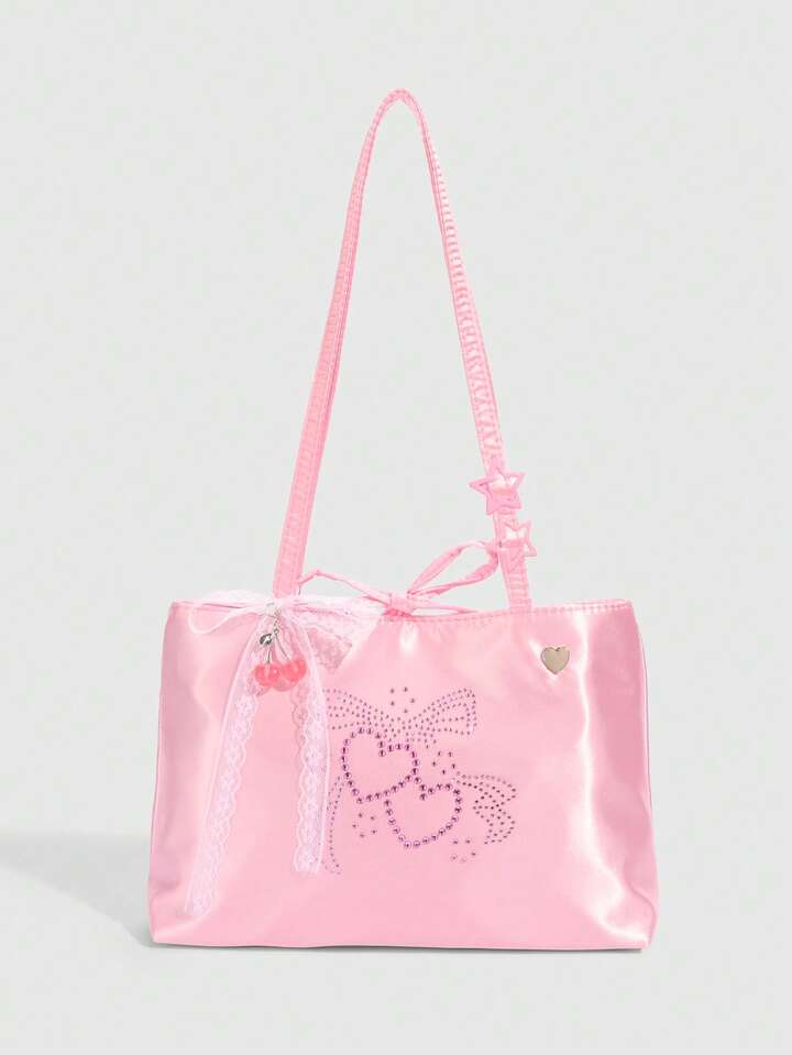 Kawaii 1pc Cute Y2K Butterfly Rhinestone Decor Pink Cherry Crossbody Bag For Women, Fashionable Butterfly Decorated Handbag