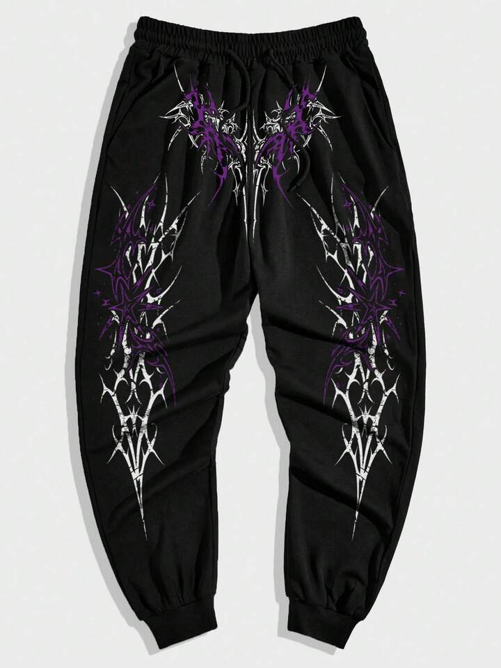 Men's Casual Gothic Print Drawstring Waist Sweatpants, Autumn