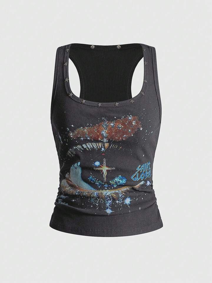 ROMWE Avant Women's Retro Baddie Unisex Streetwear Starry Sky & Rivet Print Tank Top