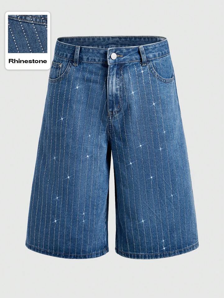 Casual Men's Street Life Diamond Embellished Denim Bermuda Shorts