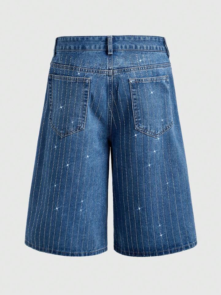 Casual Men's Street Life Diamond Embellished Denim Bermuda Shorts