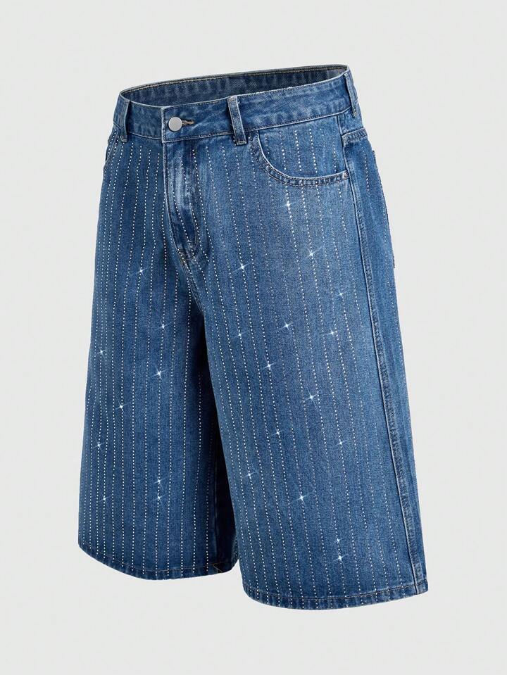 Casual Men's Street Life Diamond Embellished Denim Bermuda Shorts