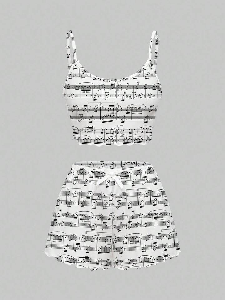 J-Fashion Y2K Music Note & Babe Print Camisole & Shorts Pajama Set, Casual Loungewear