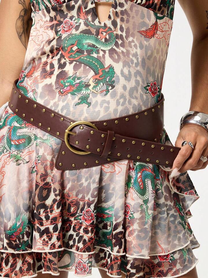 Grunge Punk 1 Pc Punk Rock Style Gold Rivet Asymmetrical Waist Belt, Y2K Retro Fashionable Minimalist Metal Round Buckle Leather Belt, Decorative Accessory