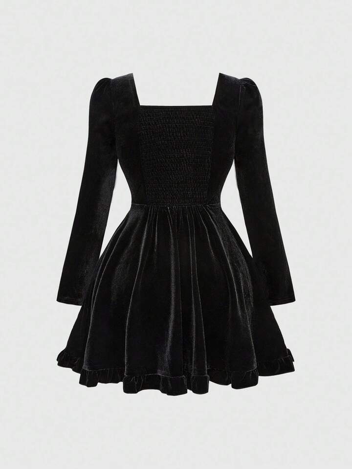 Vintage Gothic Dark Heart & Eye Embroidery Velvet Long Sleeve Dress, Halloween 2 Vintage Gothic Dark Heart & Eye Embroidery Velvet Long Sleeve Dress, Halloween
