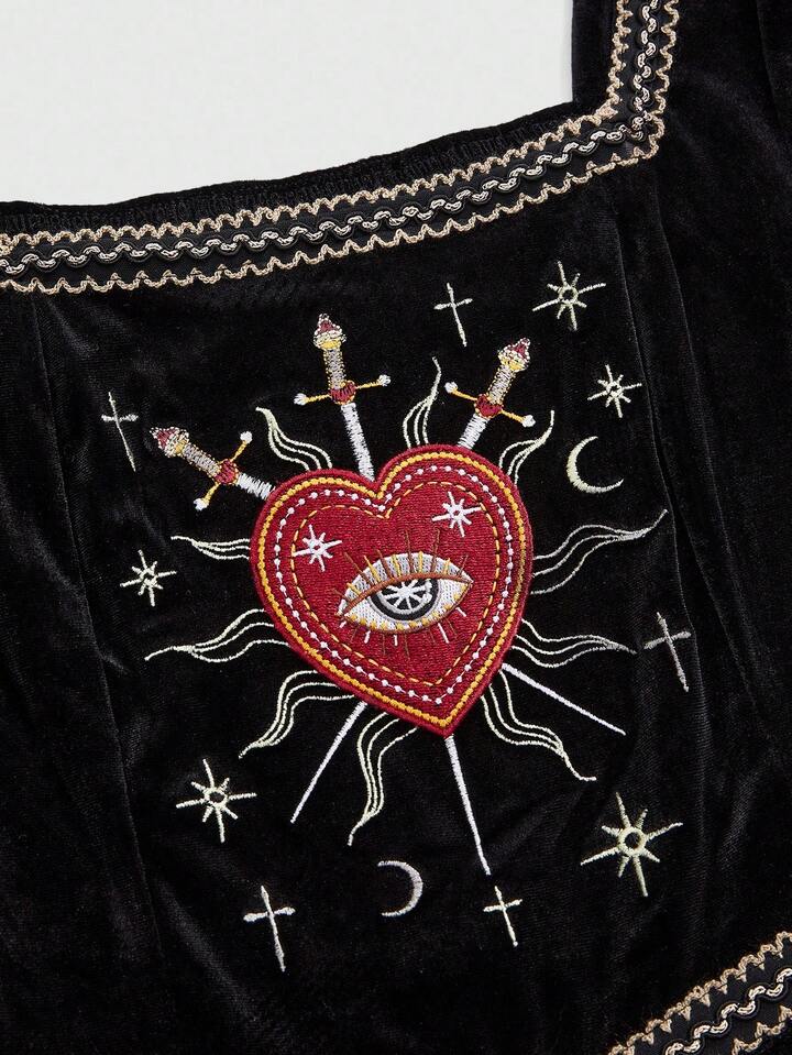 Vintage Gothic Dark Heart & Eye Embroidery Velvet Long Sleeve Dress, Halloween 3 Vintage Gothic Dark Heart & Eye Embroidery Velvet Long Sleeve Dress, Halloween