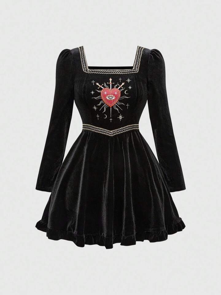 Vintage Gothic Dark Heart & Eye Embroidery Velvet Long Sleeve Dress, Halloween 5 Vintage Gothic Dark Heart & Eye Embroidery Velvet Long Sleeve Dress, Halloween