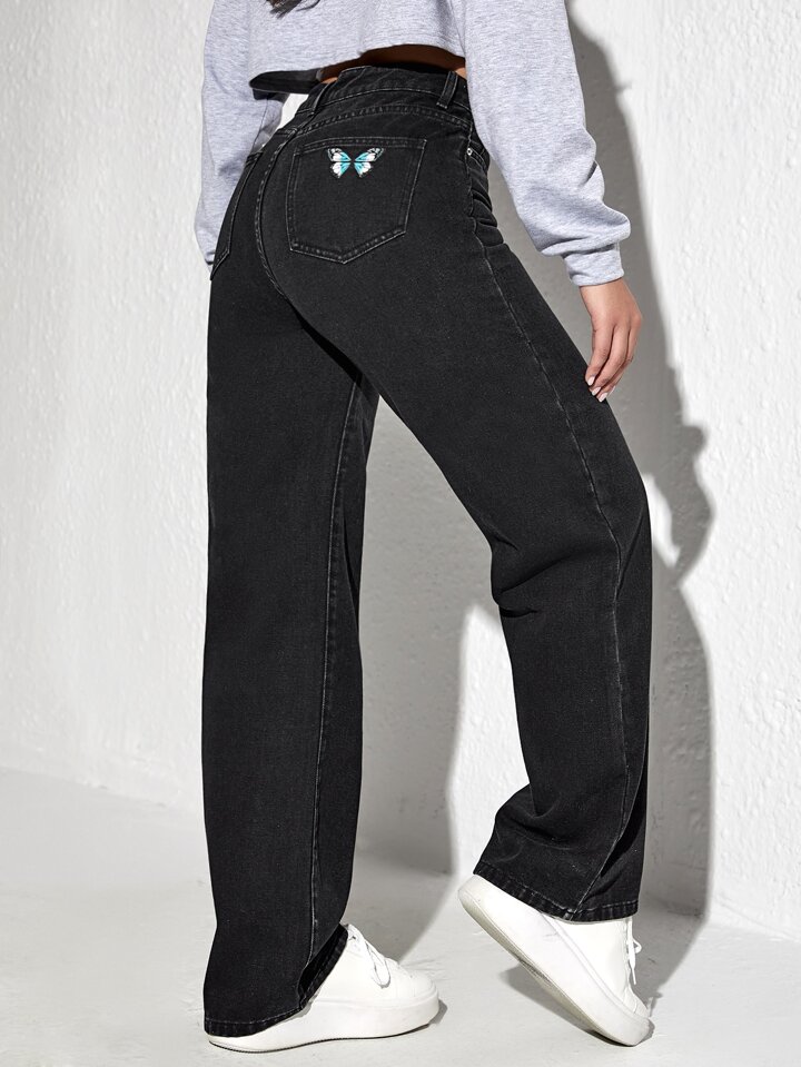 Butterfly Print Wide Leg Jeans