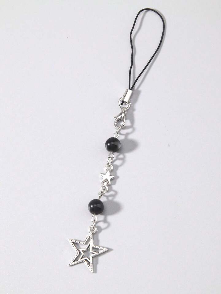 Goth Punk Style Star Shaped Black Beaded Phone Cord Strap, Bag Or Key Chain Pendant, Suitable For Diy As Gift For Men Or Women