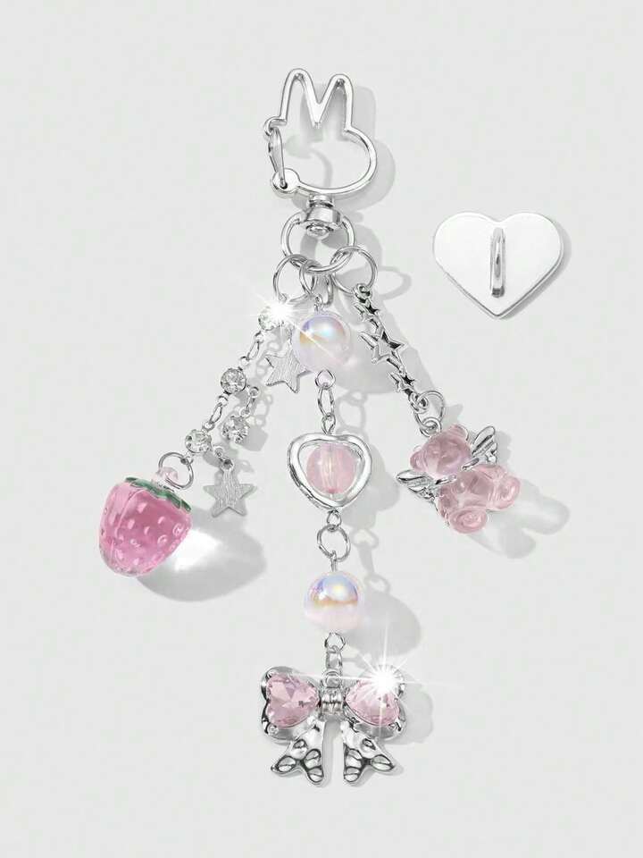 Kawaii 1pc Cute & Fashionable Resin Keychain With Silver Star, Heart Crystal, Strawberry Wing, Bear Charm, Bowknot Decor, Suitable For Women, Girls, Daily Wear, Holiday Gift, Comes With Heart Sticker Accessory
