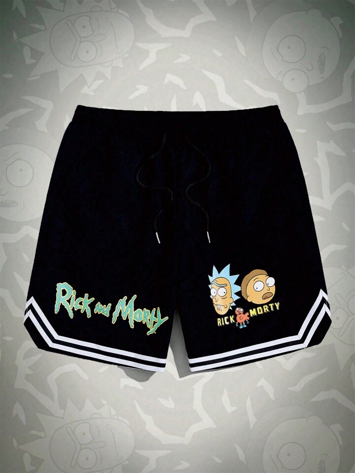 Rick and Morty | ROMWE Men Cartoon & Letter Graphic Striped Trim Drawstring Waist Basketball Shorts, School