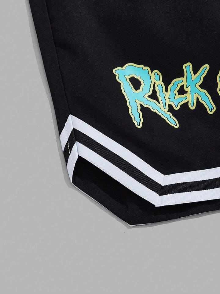 Rick and Morty | ROMWE Men Cartoon & Letter Graphic Striped Trim Drawstring Waist Basketball Shorts, School 4 Rick and Morty | ROMWE Men Cartoon & Letter Graphic Striped Trim Drawstring Waist Basketball Shorts, School