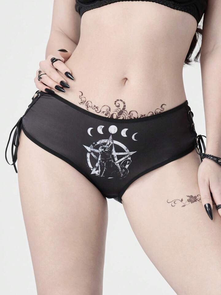 1pc Women's Gothic Black Cat Moon & Pentagram Lace-Up Thong Panty, Sexy Underwear
