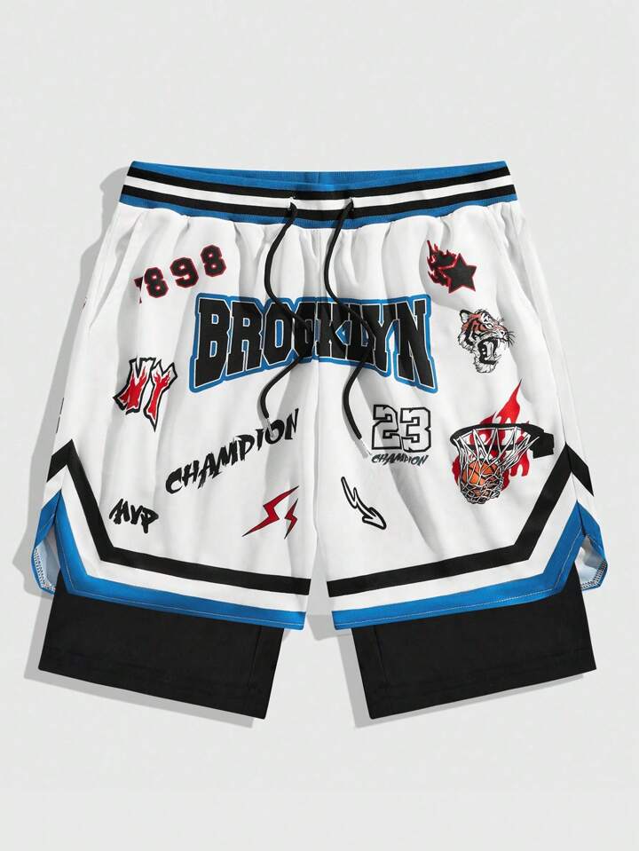 Prep Men's Solid Color Patchwork Front Lace-Up Pocket Basketball Shorts With 2 In 1 Design