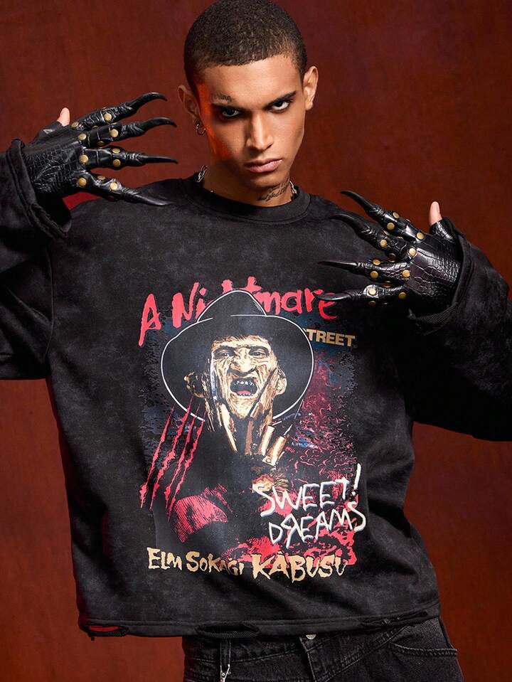 A Nightmare on Elm Street X ROMWE Men's Horror Movie Portrait Graphic Round Neck Long Sleeve T-Shirt, Autumn