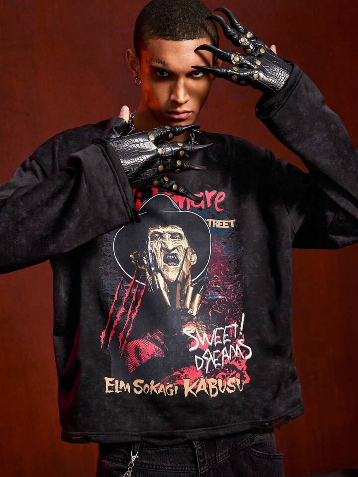 A Nightmare on Elm Street X ROMWE Men's Horror Movie Portrait Graphic Round Neck Long Sleeve T-Shirt, Autumn