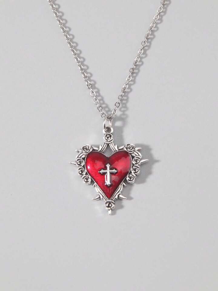 1pc Gothic Vintage Dark Style Personalized Thorn Rose Cross Pendant Necklace, Holiday Party Gift, Halloween