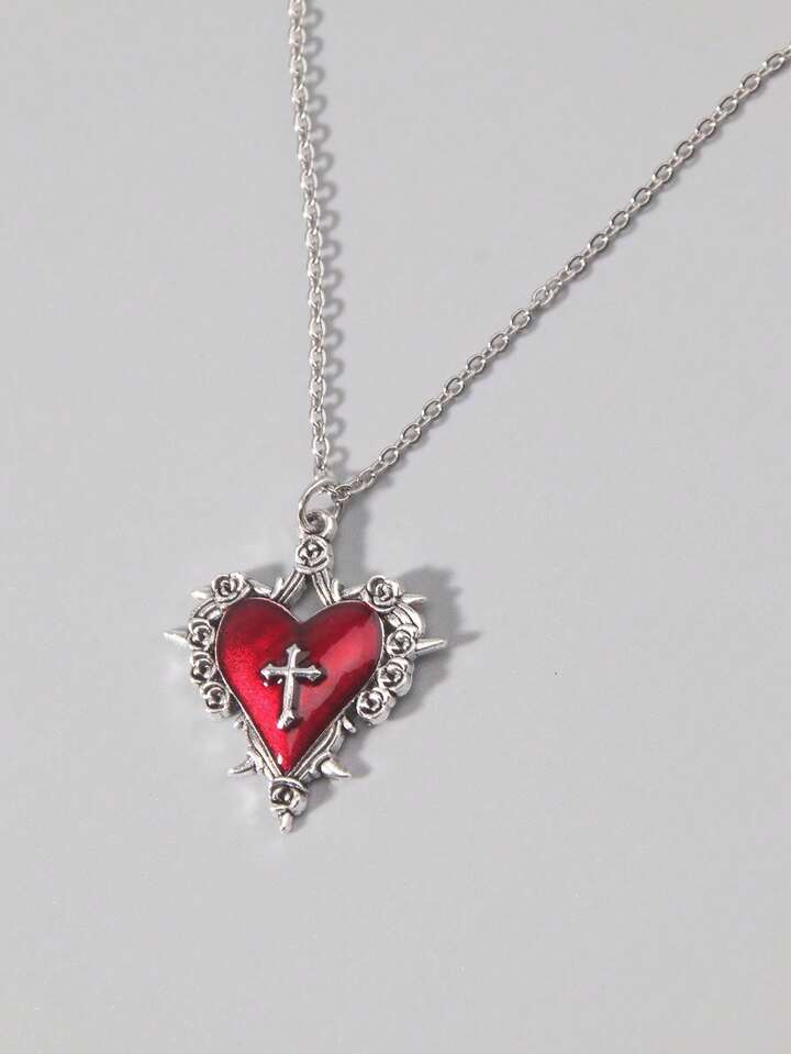 1pc Gothic Vintage Dark Style Personalized Thorn Rose Cross Pendant Necklace, Holiday Party Gift, Halloween